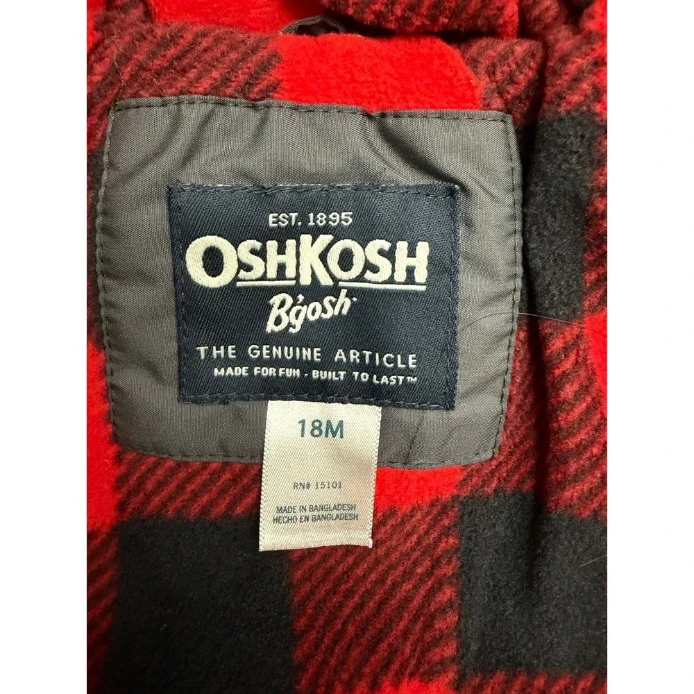 OshKosh B'gosh Toddler 18M Black Puffer Jacket Hooded Buffalo Plaid Lined
